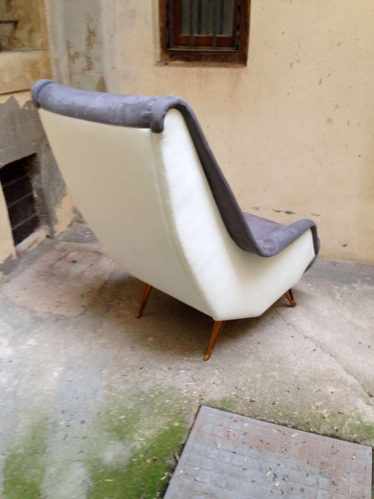 Pair of armchairs, design ISA, 1955, in perfect condition, fabric and alcantara gray white sky.  Aluminum feet painted gold.  Gio Ponti Style.