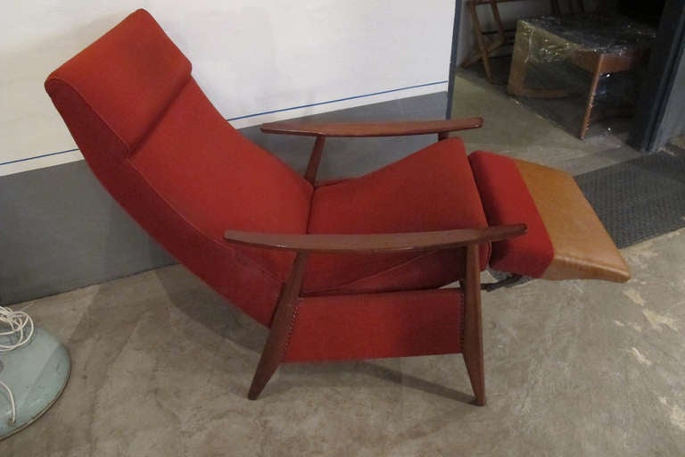 Pair of chaises longues, Scandinavian, one yellow one red fabric,
in good condition. recliner with footrest