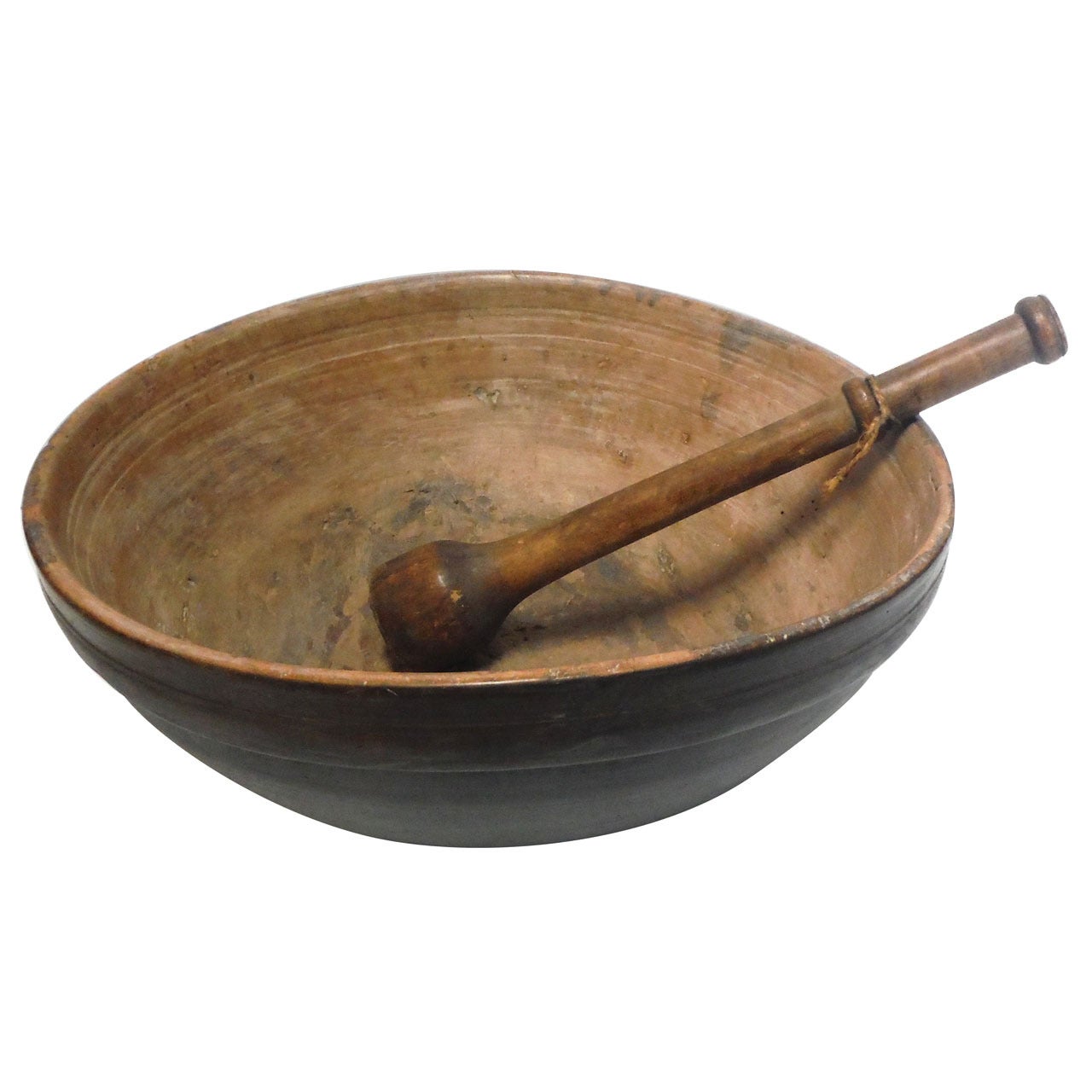 18th Century Original Painted Dough Bowl with Masher from N.E. 