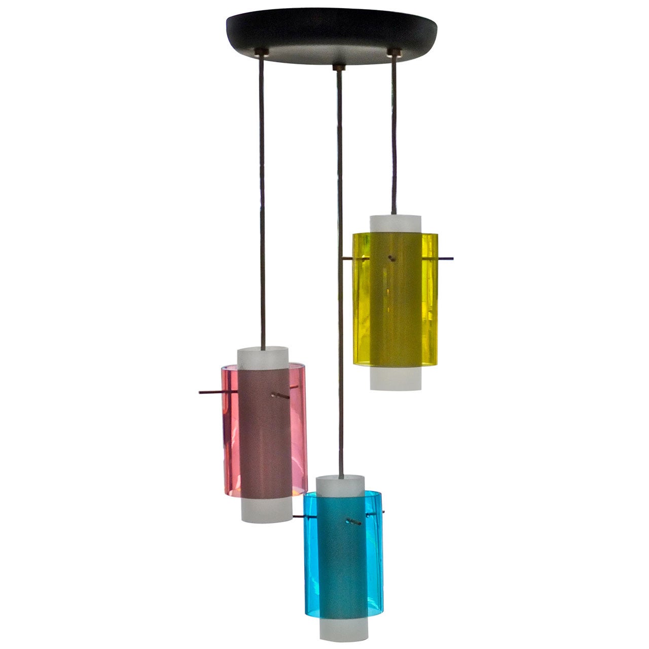 1950's Italian Suspension Pendant Tri Cylinder Colored Glass  For Sale