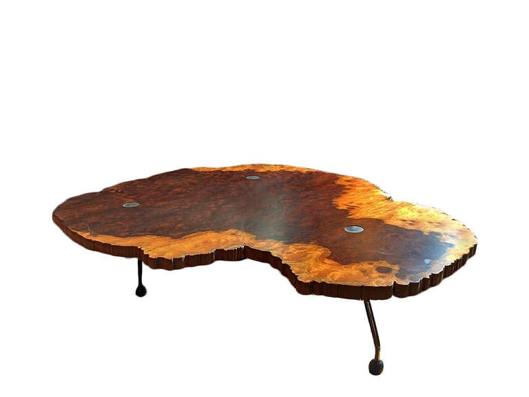 beautiful coffee table, design by Bernini, Thuya burl, walnut, beautiful, your feet are in brushed metal, price 2200 $ for one