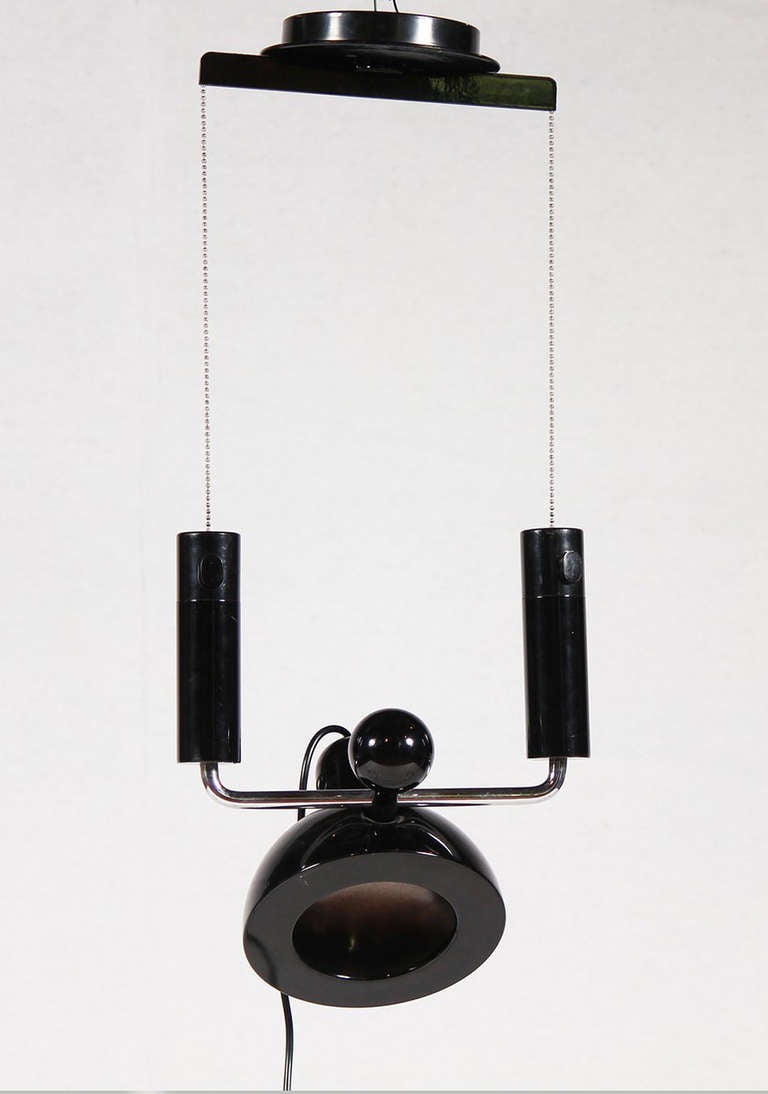 Rare ceiling lamp, designer Elio Martinelli, comptalux flash lamp, model 1830. Lamp ups and downs, chrome plated steel. Height: max 260cm