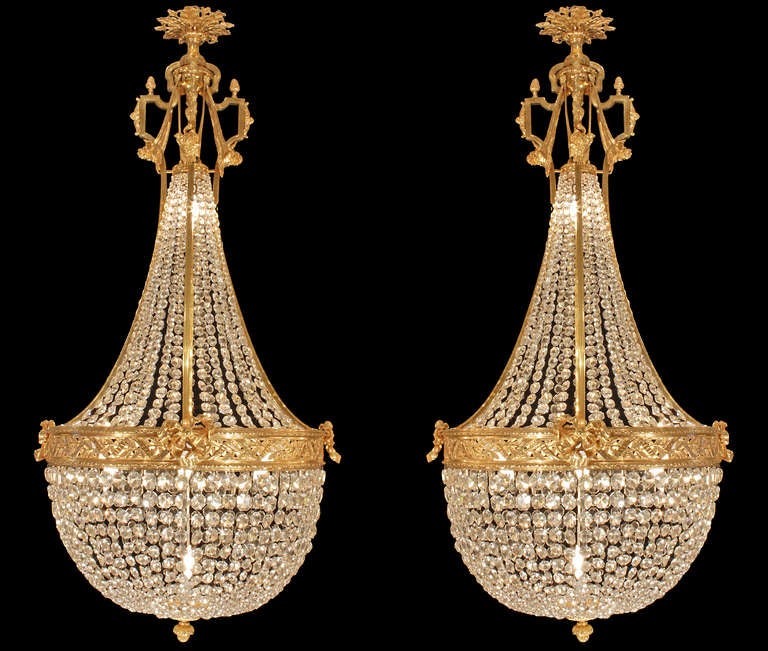 Pair of French Mid 19th Century Louis XVI Style Baccarat and Ormolu Chandeliers