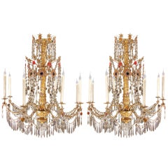 A pair of Italian 18th century giltwood and crystal chandeliers
