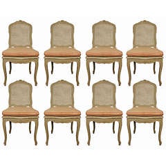 Antique Mid 19th Century Country French Set Of Eight Patinated And Cane Side Chairs