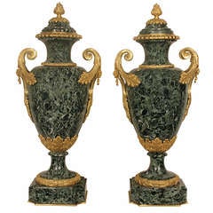 A Pair Of French Mid 19th Century Louis XVI Style Solid Vert Patricia Marble and Ormolu Lidded Urns