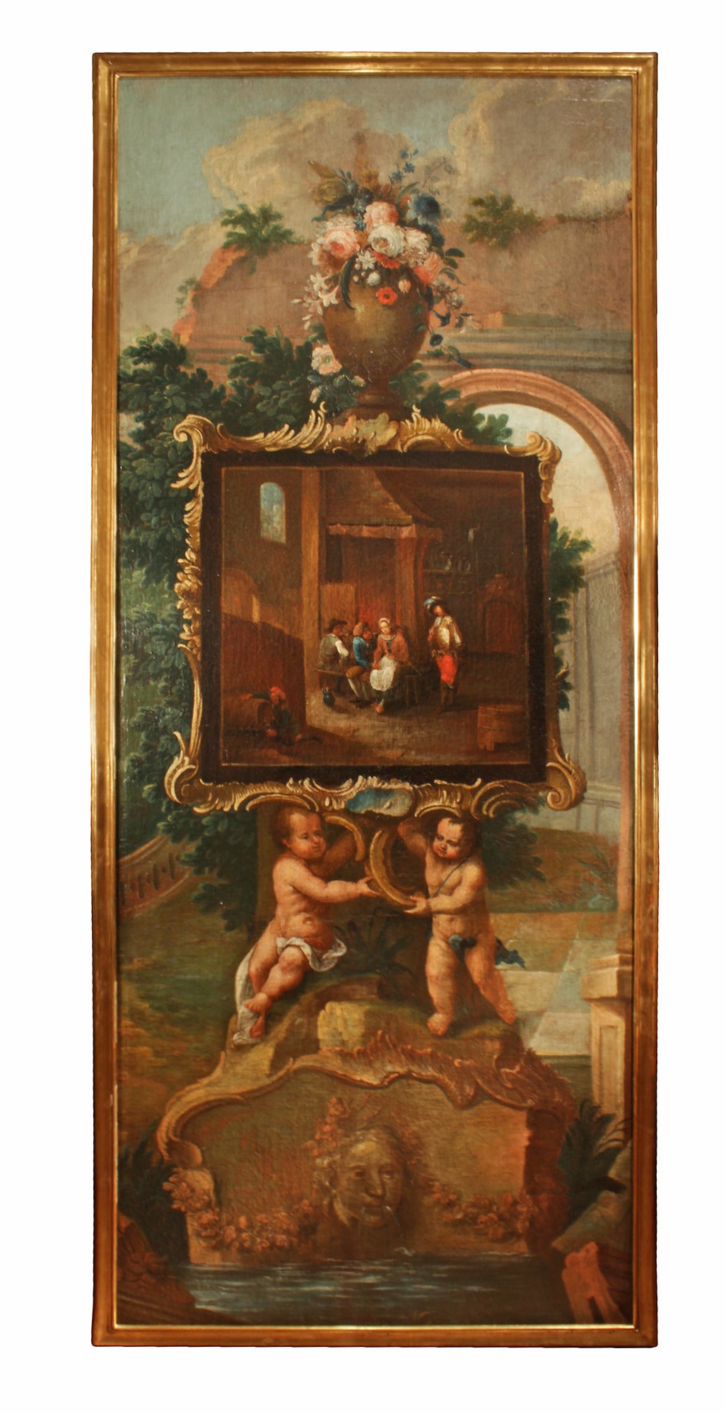 An impressive and unique pair of Baroque 18th century Flemish oil on canvas, signed. Each large-scale painting is within a rectangular giltwood frame. The paintings depict Classic images with very rich color palette and details of fountains in a