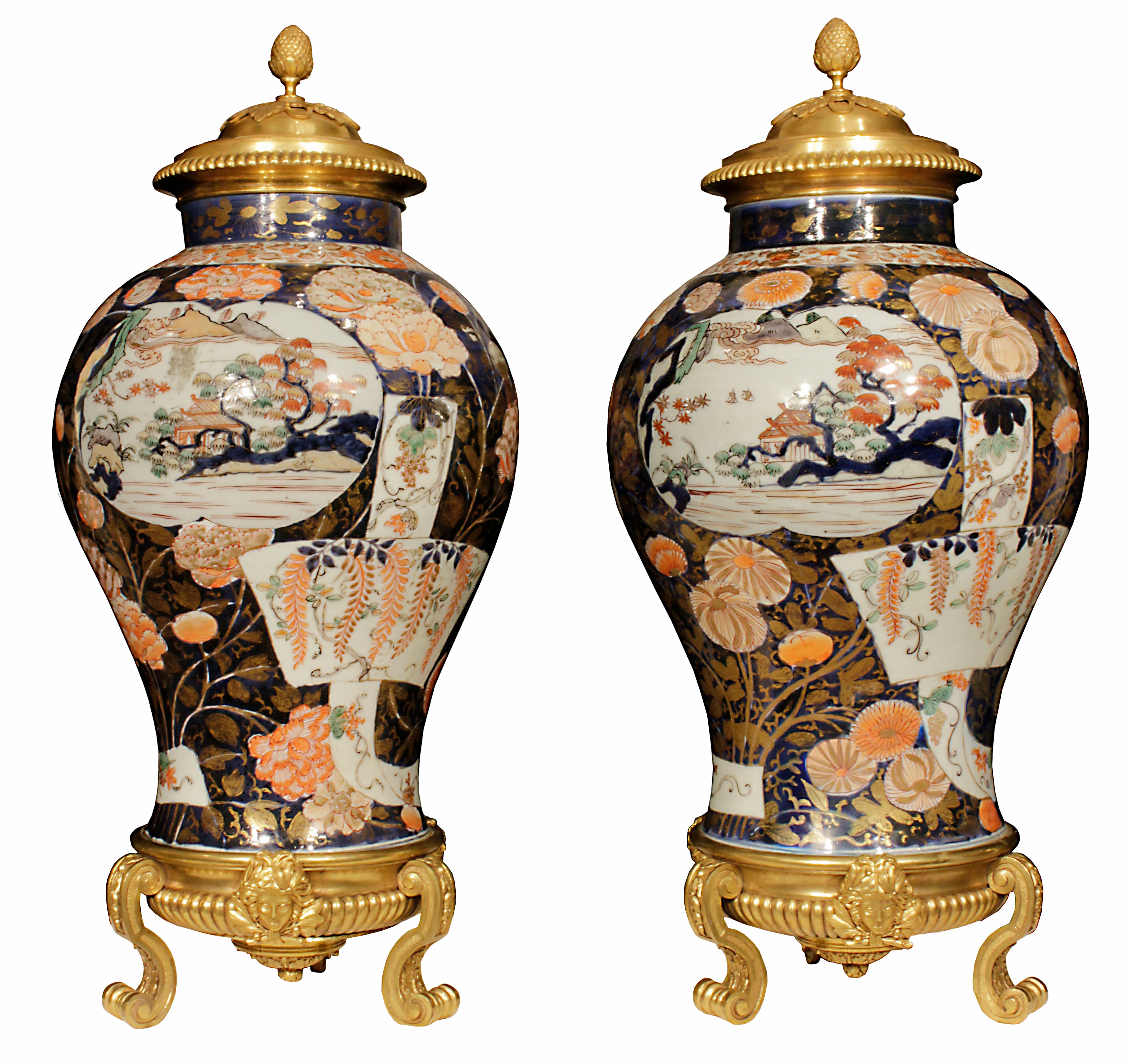 An Exceptional Pair of French 19th Century Imari Porcelain and Ormolu Lidded Urns