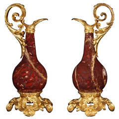 French 19th Century Louis XV Style Rouge Griotte Marble and Ormolu Ewers 11
