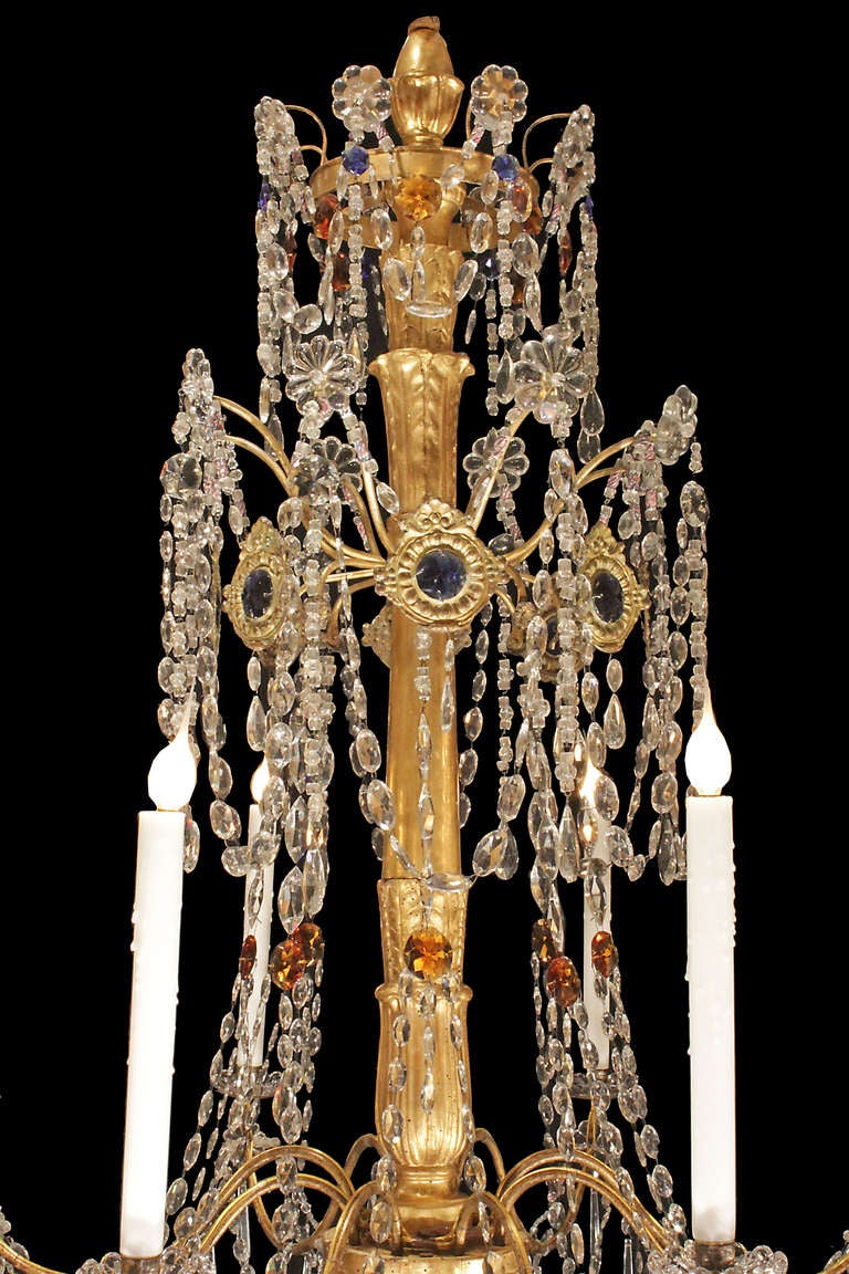 18th Century and Earlier Pair of Italian 18th Century Giltwood and Crystal Genovese Chandeliers