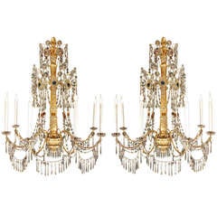 Antique Pair of Italian 18th Century Giltwood and Crystal Genovese Chandeliers