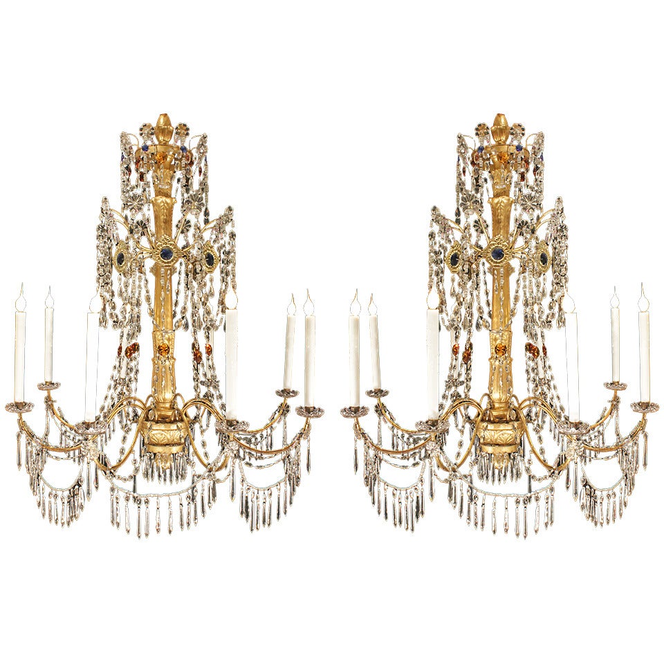 Pair of Italian 18th Century Giltwood and Crystal Genovese Chandeliers