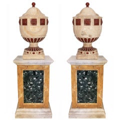 A Pair of Italian 19th Century Alabaster of Fiorino and Red Quartzite Urns and Marble Pedestals