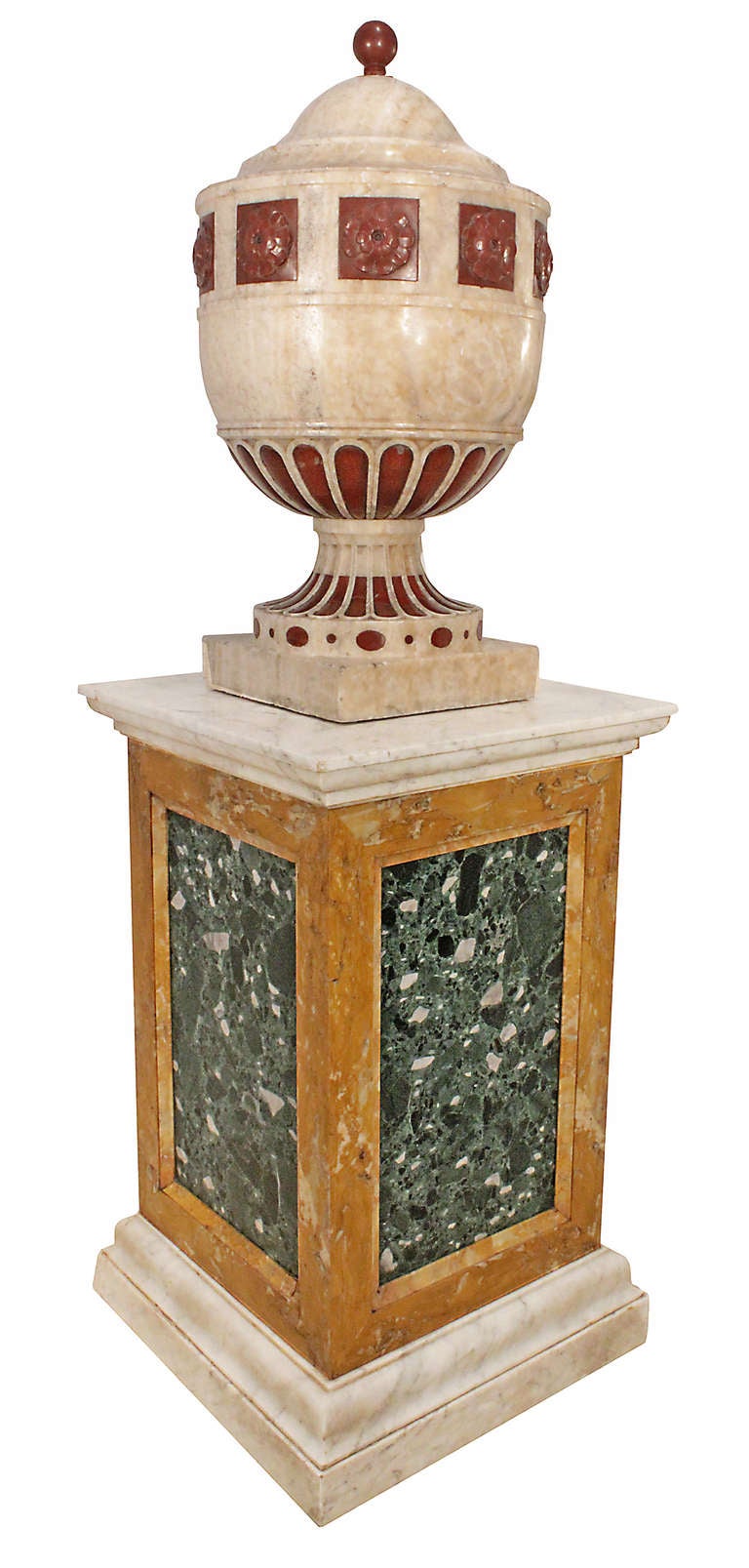 A Pair of Italian 19th Century Alabaster of Fiorino and Red Quartzite Urns and Marble Pedestals