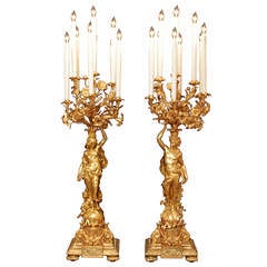 Antique Pair of 19th Century French Louis XVI St. Ormolu Electrified Candelabras