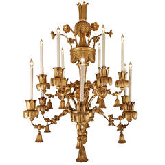 Italian Early 18th Century Large Scale Carved Giltwood, Twelve-Light Chandelier
