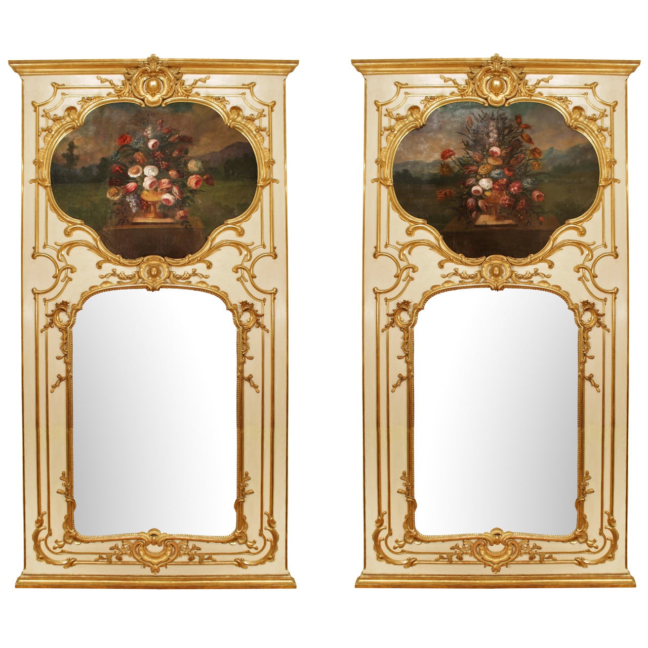 Pair of French 19th Century Louis XV Style Patinated and Giltwood Trumeaux