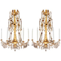 A Pair Of Italian 18th Century Gilt Wood And Crystal Chandeliers