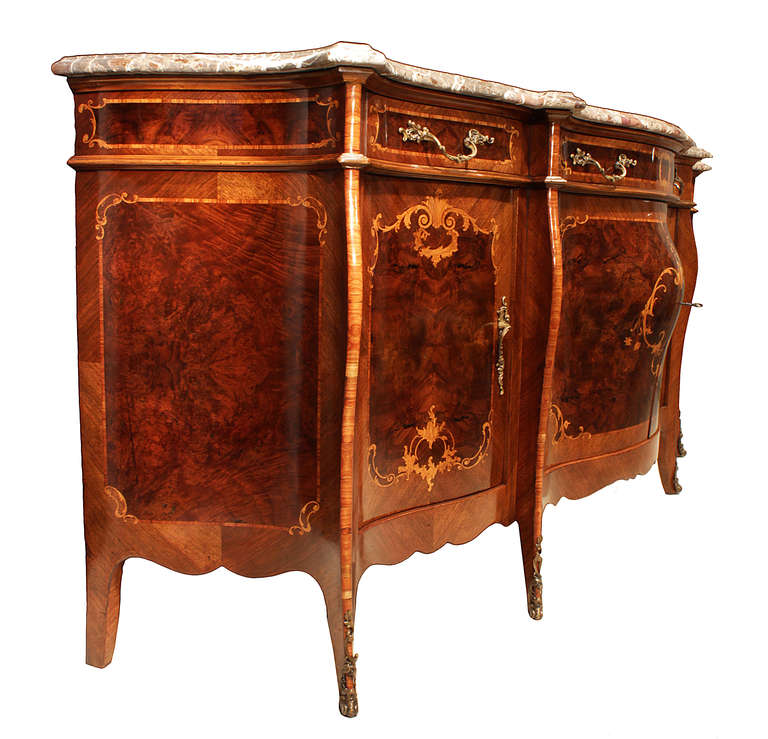 A True pair of Italian 19th Century Louis XV St. Bombée Walnut Buffets with Marble Tops