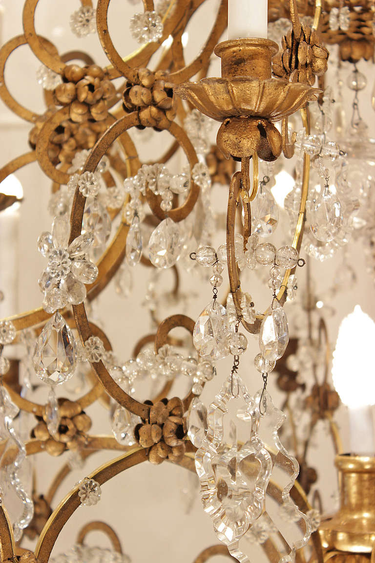 Italian Mid 19th Century Louis XV st. Gilt Metal and Crystal Chandelier In Excellent Condition In West Palm Beach, FL