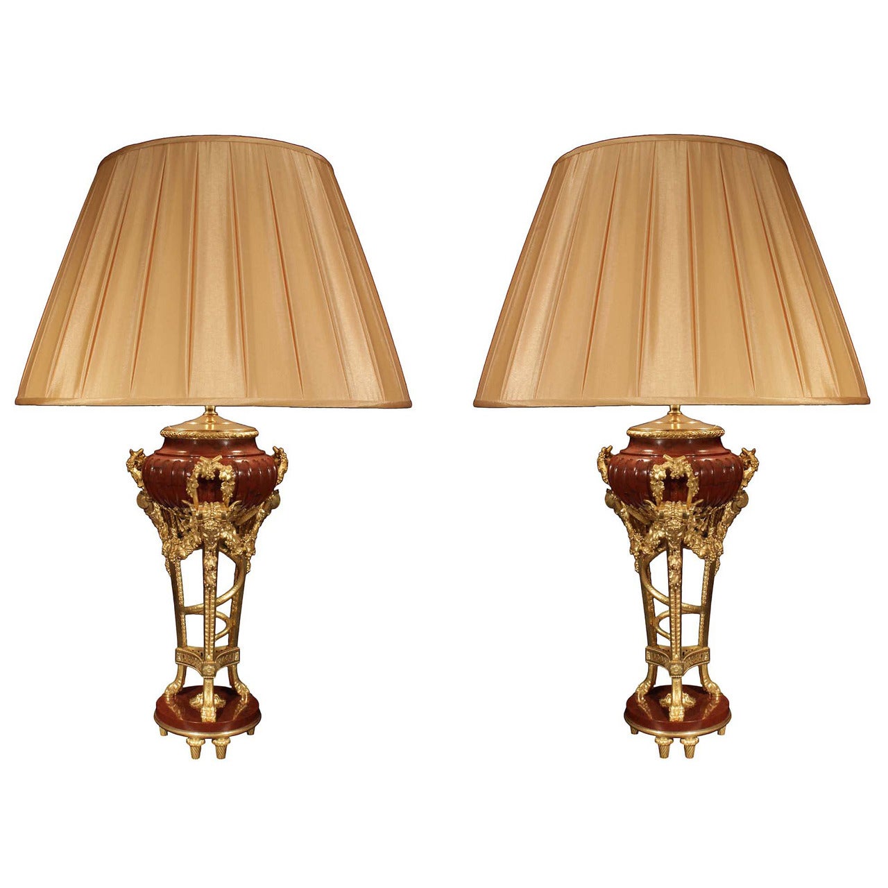 French 19th Century Louis XVI Style Rouge Griotte Marble and Ormolu Lamps