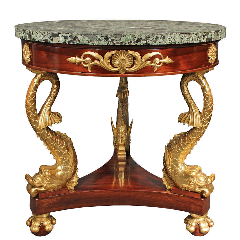 Italian Early 19th Century Mahogany and Giltwood Dolphin Center Table