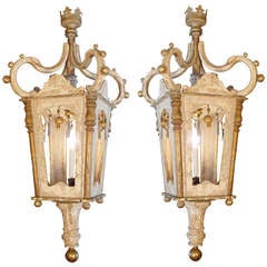 A  Unique Pair Of 19th Century Italian Patinated And Gilt Wooden Lanterns