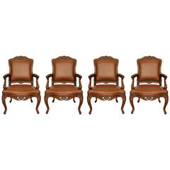Set of Four French 19th Century Louis XV Style Walnut Armchairs