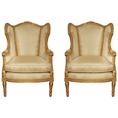 Pair of French 19th Century Louis XVI Style Giltwood Bergères à Oreilles