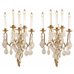 French 19th Century Louis XVI Style Ormolu and Crystal Five-Light Sconces