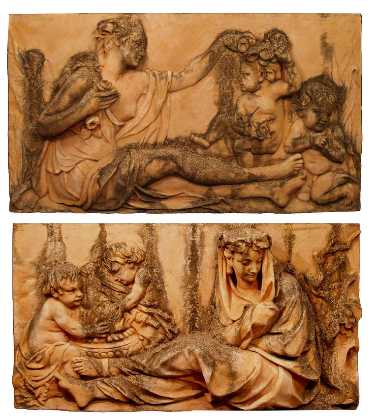 A powerful and extremely decorative set of four mid 19th century Italian hand carved terra cotta plaques, designed by Arrigo Bianchini of Ferenzi Italy. The very attractive terracotta plaques depicting each of the four seasons; spring, summer, fall