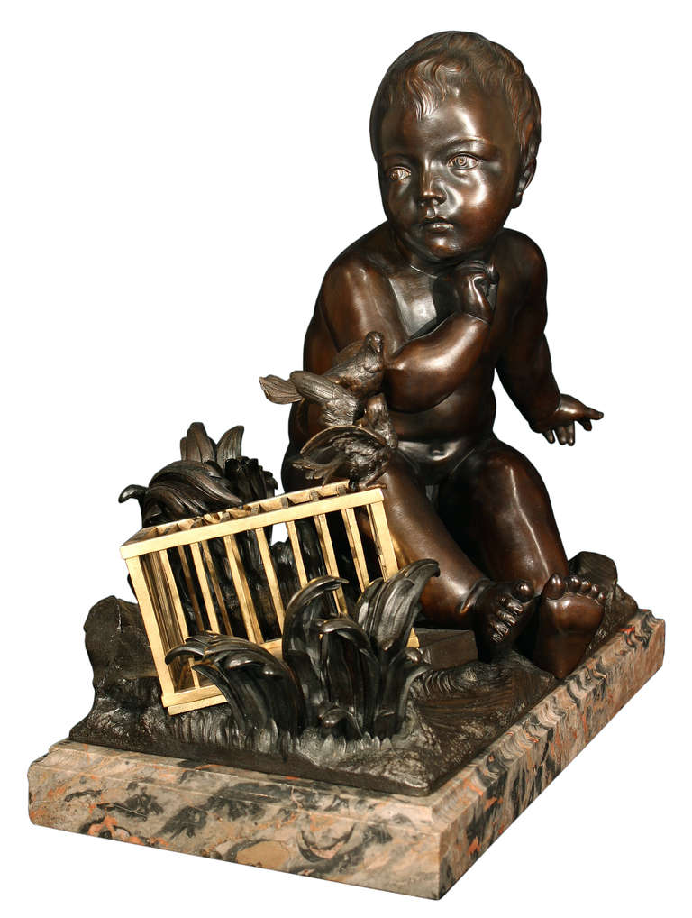 A superb and extraordinary quality French mid 19th century patinated bronze and ormolu sculpture with a collaboration between the famous Bronzier Raingo Freres and the sculptor Jean Baptiste Pigalle. The patinated bronze is set upon a fine