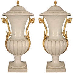 Pair Of French Mid 19th Century Louis XVI Style White Carrara Marble Lidded Urns