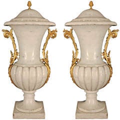 Pair Of French Mid 19th Century Louis XVI Style White Carrara Marble Lidded Urns