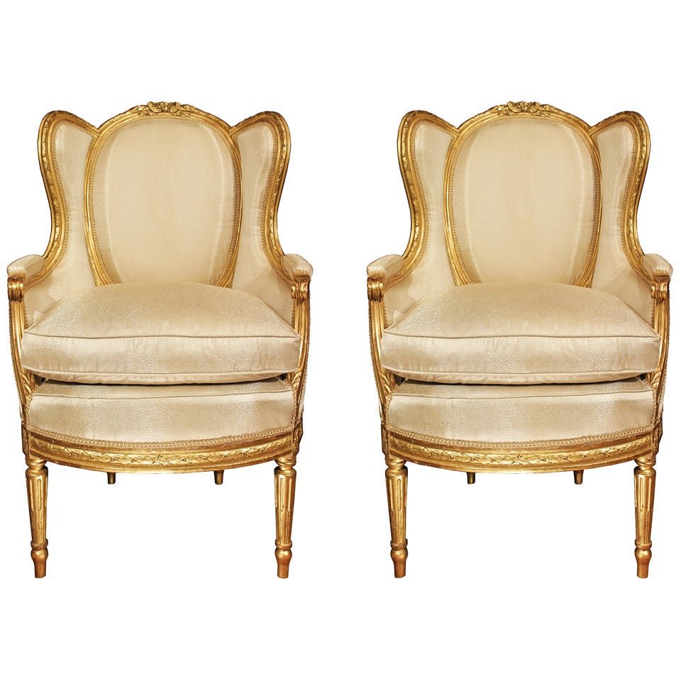 Pair of French 19th Century Louis XVI Style Giltwood Bergères à Oreilles