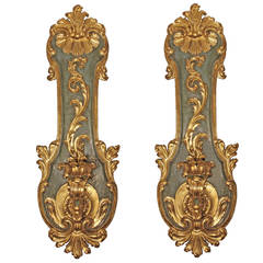 Antique Pair of 18th Century Italian Polychrome and Mecca Carved Sconces