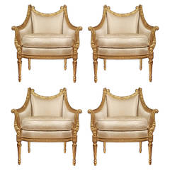 Set of Four French 19th Century Louis XVI Style Marquise Giltwood Armchairs