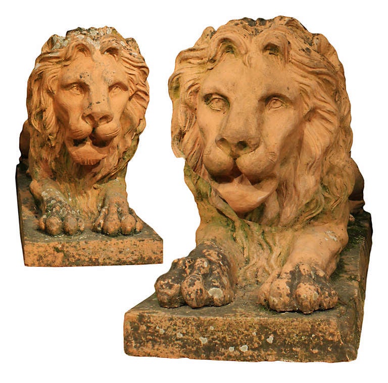 A sensational pair of mid 19th century, circa. 1850, terra cotta lions. Each lions is raised on a rectangular base. The lions with expressive faces and wonderfully carved manes, are sitting on their front paws. Outstanding patina throughout in great