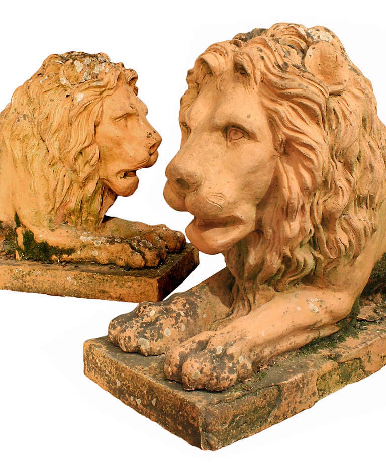 French Pair of Mid 19th Century Terra Cotta Lions ca. 1850