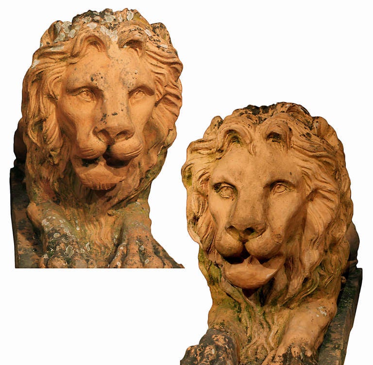 Pair of Mid 19th Century Terra Cotta Lions ca. 1850 2