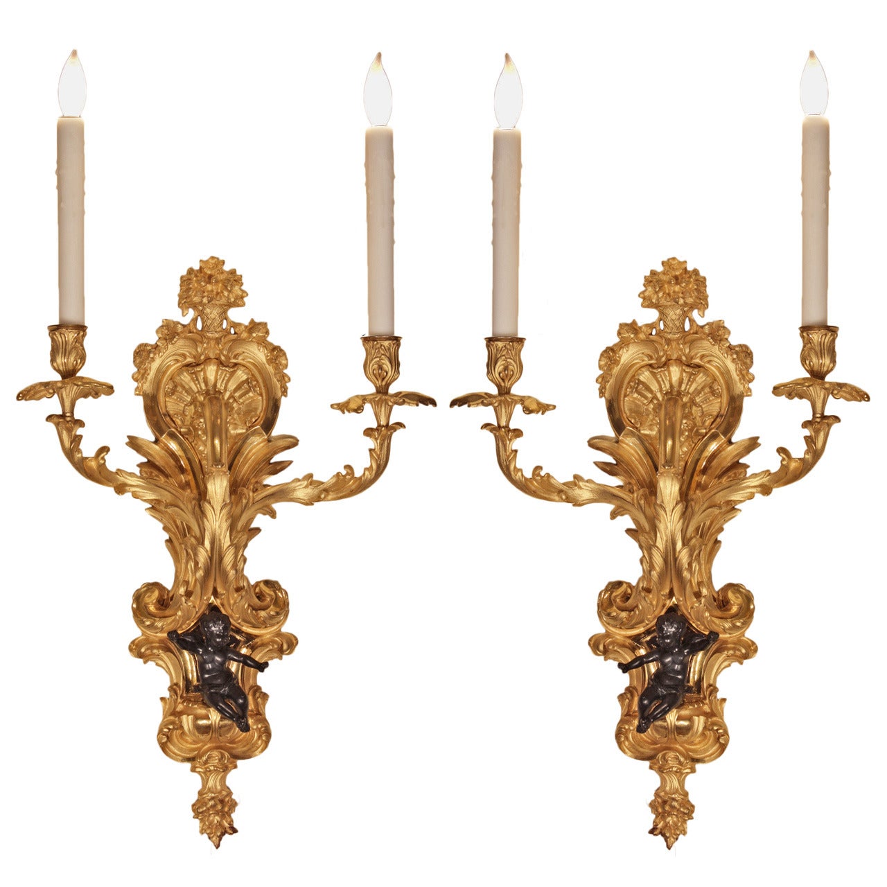 French Mid-19th Century, Louis XV Style Ormolu and  Bronze, Two Arm Sconces