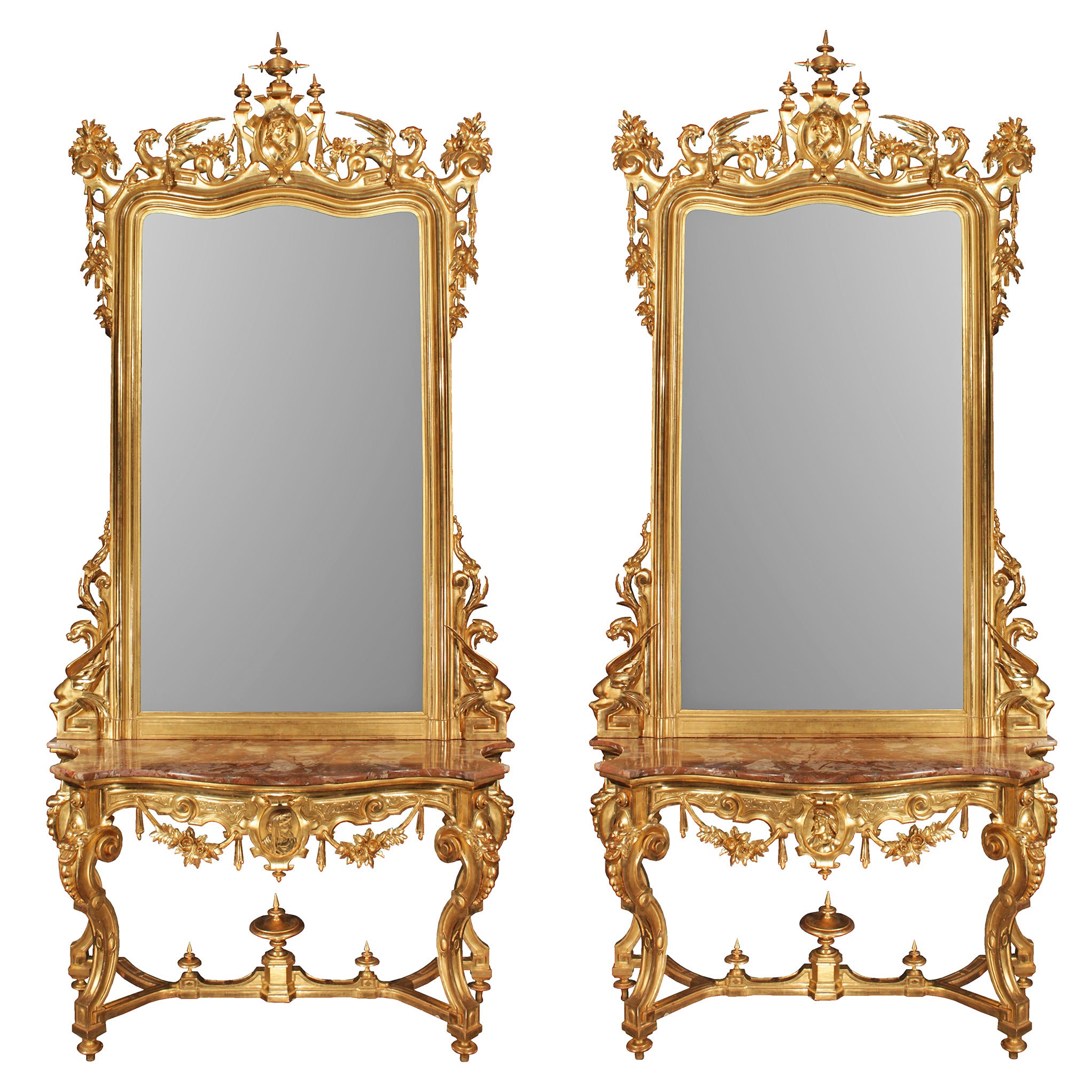 Italian 19th Century Louis XV Style Giltwood Consoles and Matching Mirrors