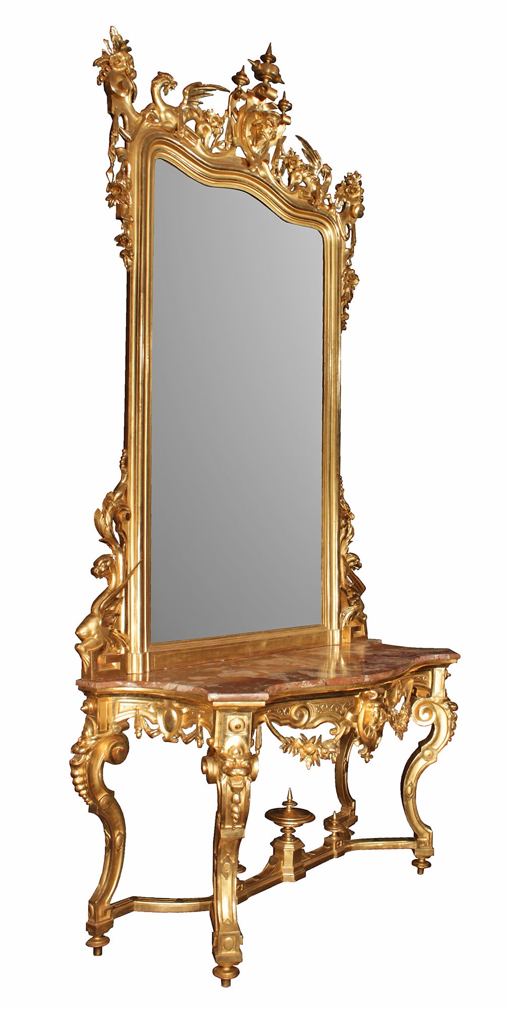 A spectacular and large-scale true pair of Italian 19th century Louis XV St. giltwood consoles with marble tops and matching mirrors. Each console is raised on toupie feet below handsome cabriole legs in a satin and burnished finish with cabochons