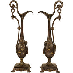 Antique French 19th Century Renaissance Style Patinated Bronze Ewers with Gilt Accents