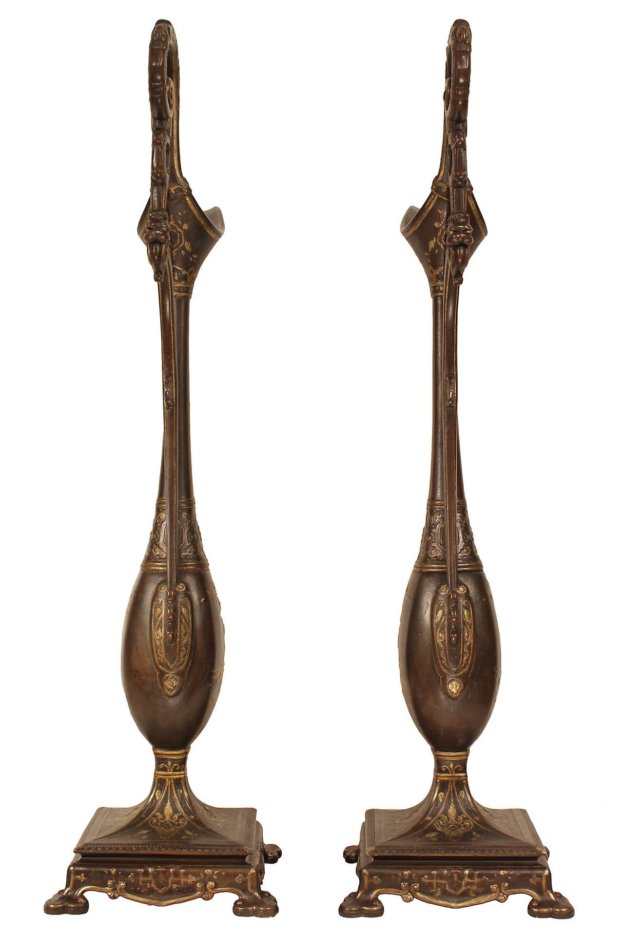 French 19th Century Renaissance Style Patinated Bronze Ewers with Gilt Accents