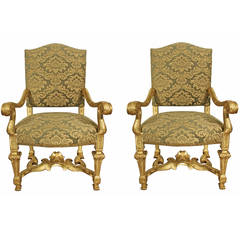Antique Pair of Italian 19th Century Louis XIV Style Giltwood Armchairs