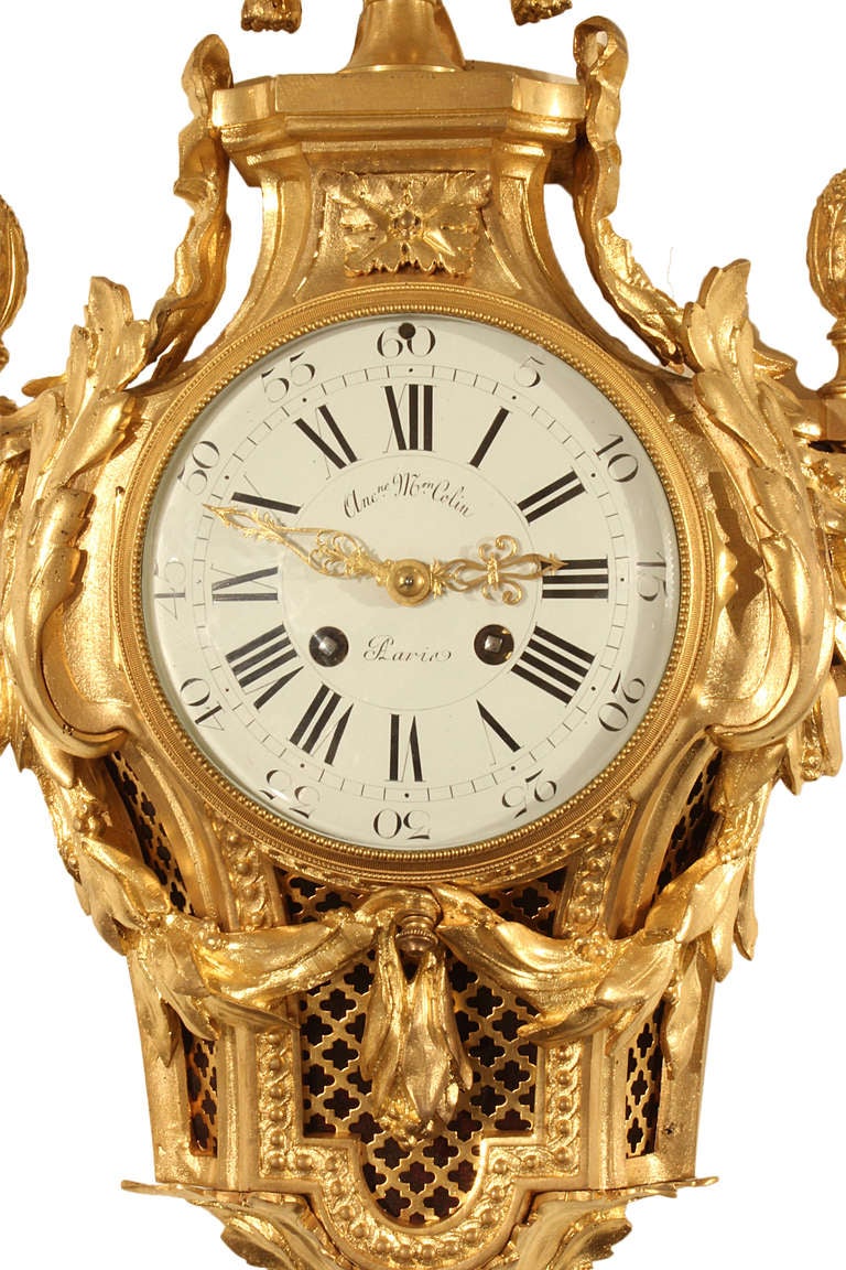19th Century French Louis XVI Style Ormolu Signed Cartel Clock And Barometer In Excellent Condition In West Palm Beach, FL