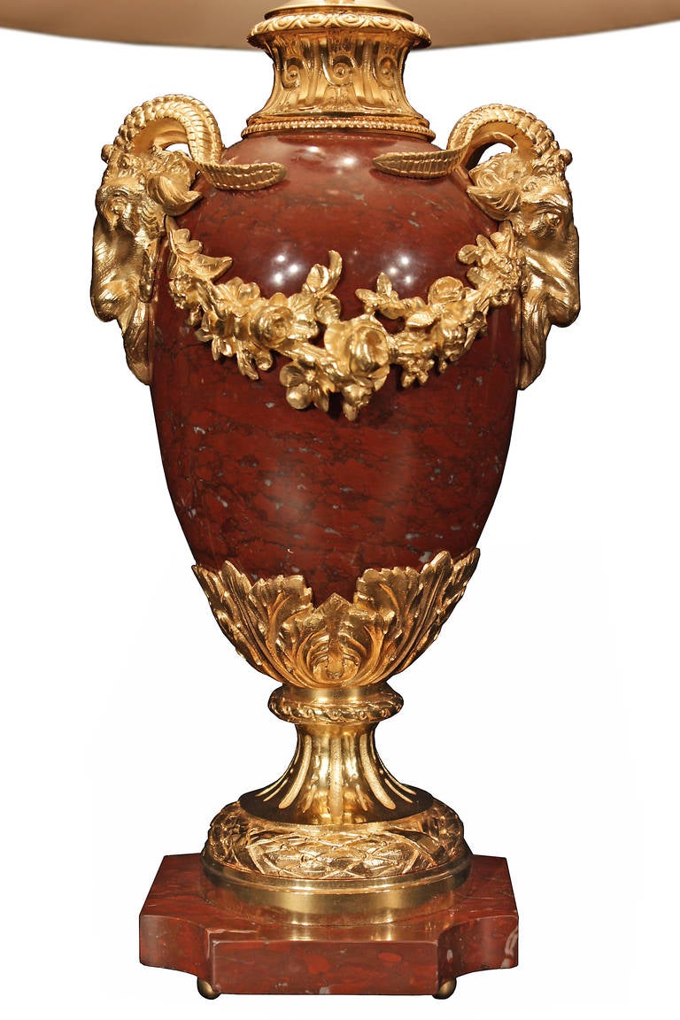 French 19th Century, Louis XVI Style, Rouge Griotte Marble and Ormolu Lamps