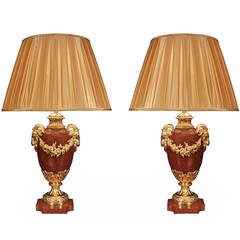 French 19th Century, Louis XVI Style, Rouge Griotte Marble and Ormolu Lamps