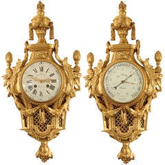 19th Century French Louis XVI Style Ormolu Signed Cartel Clock And Barometer